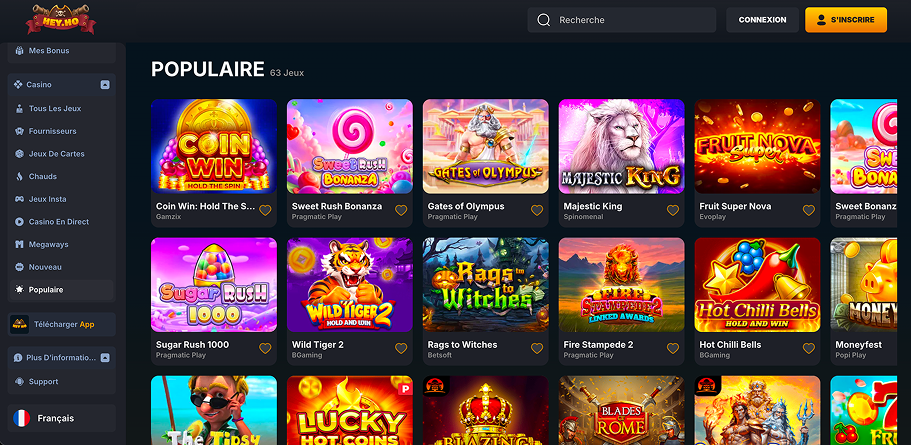 La section « Machines à sous populaires » de la version française du site Casino Hey.Ho Jeux populaires au Casino Hey Ho avec de l'argent réel en France