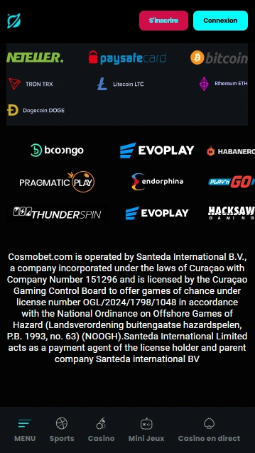 Version Mobile de CosmoBet Casino CosmoBet Avis du Version Android et iPhone